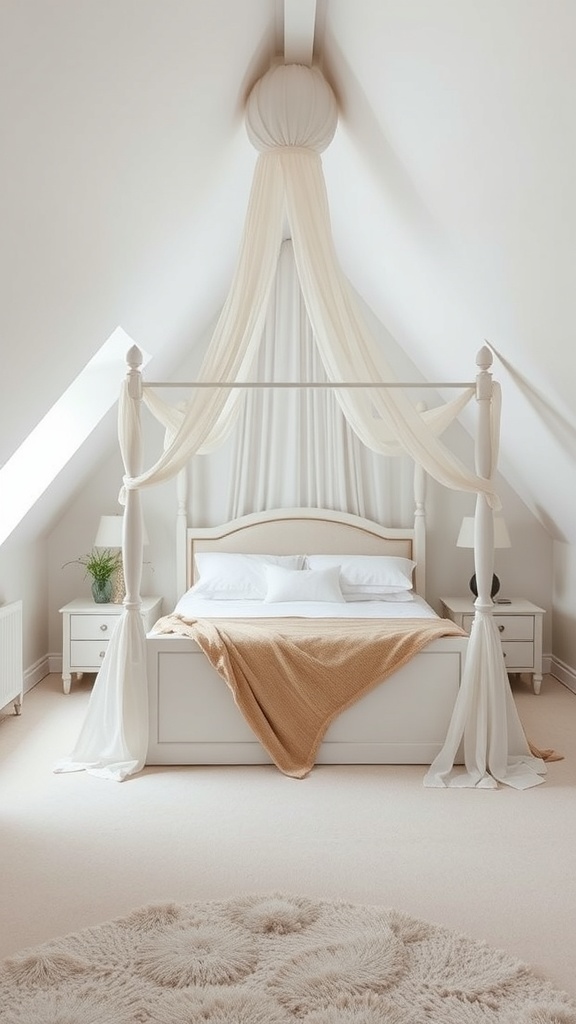 Cozy attic bedroom featuring a canopy bed under sloped eaves with soft drapes and warm bedding.