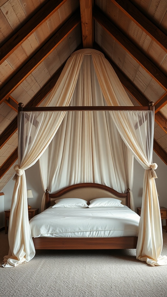 A cozy attic bedroom featuring a canopy bed with soft drapery, wooden beams, and a serene ambiance.
