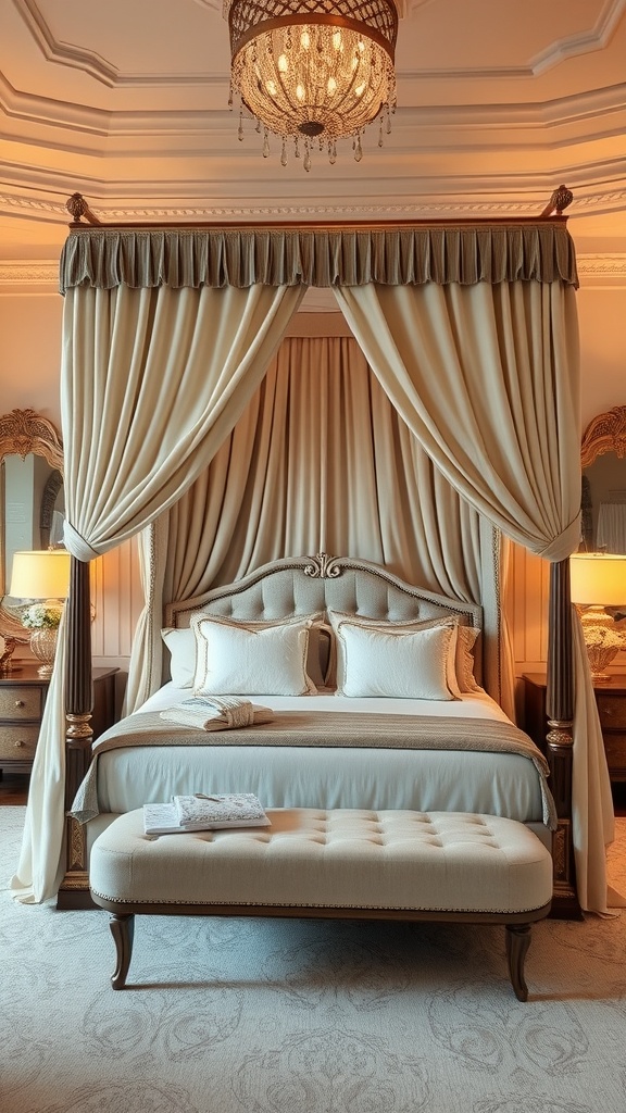 A luxurious bedroom featuring an elegant canopy bed with soft drapes, plush bedding, and a stylish chandelier.