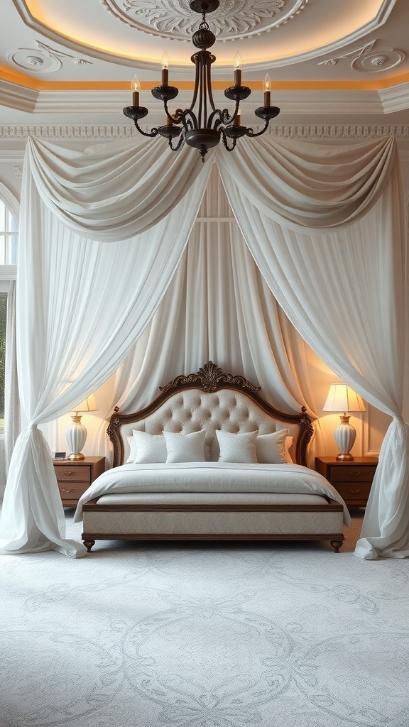 A luxurious master bedroom featuring an elegant canopy bed with drapes, plush pillows, and a chandelier.