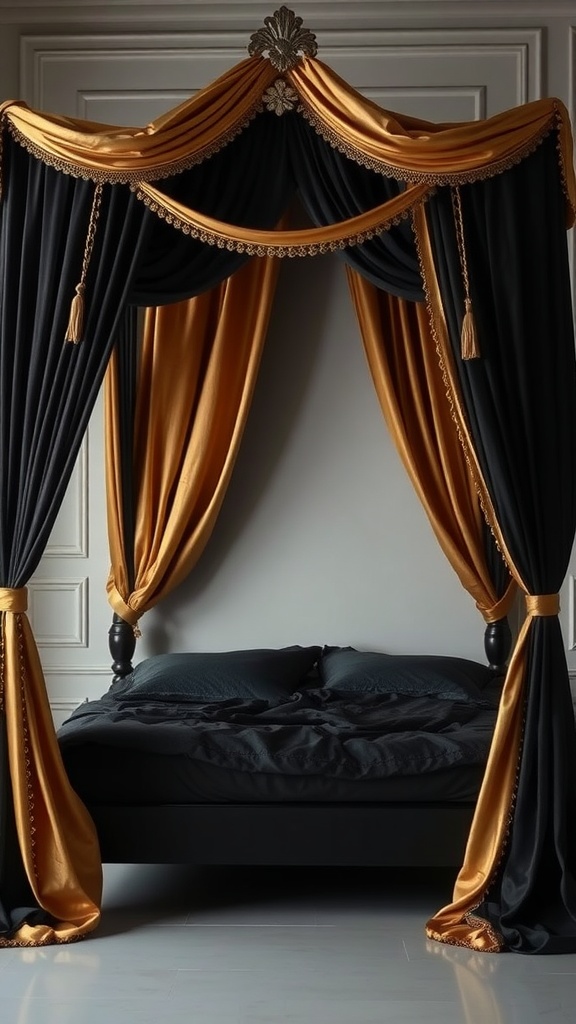A luxurious black and gold canopy bed with elegant drapes and ornate details.