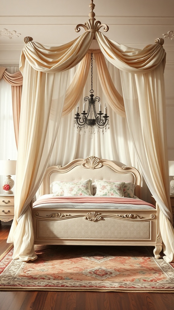 A beautifully styled canopy bed with soft drapes and a chandelier above.