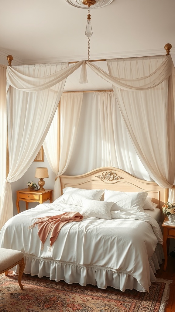 A vintage bedroom featuring a canopy bed with soft drapes, white bedding, and warm wooden accents.
