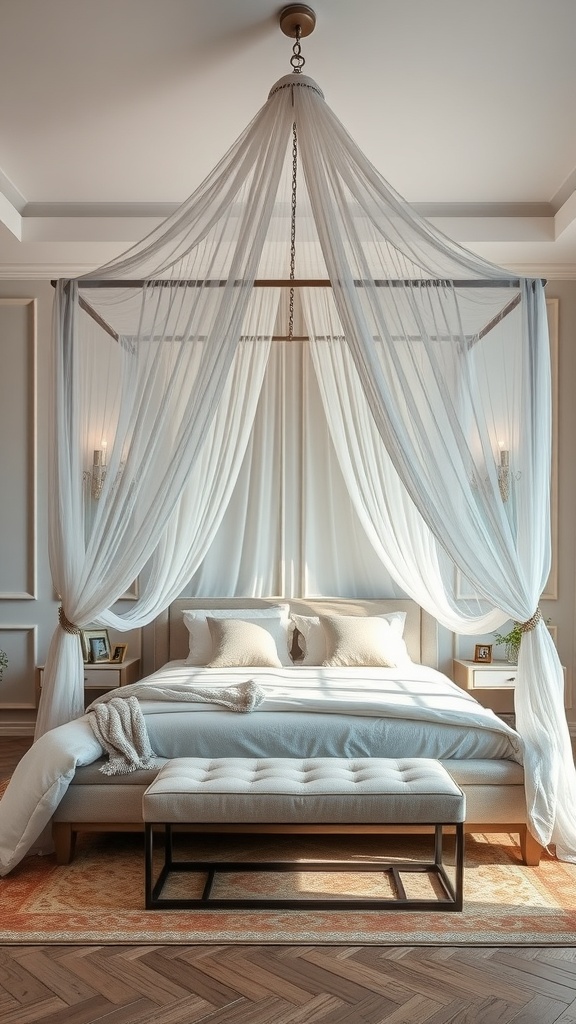 A luxurious master bedroom featuring a canopy bed with sheer drapes, soft bedding, and elegant decor.
