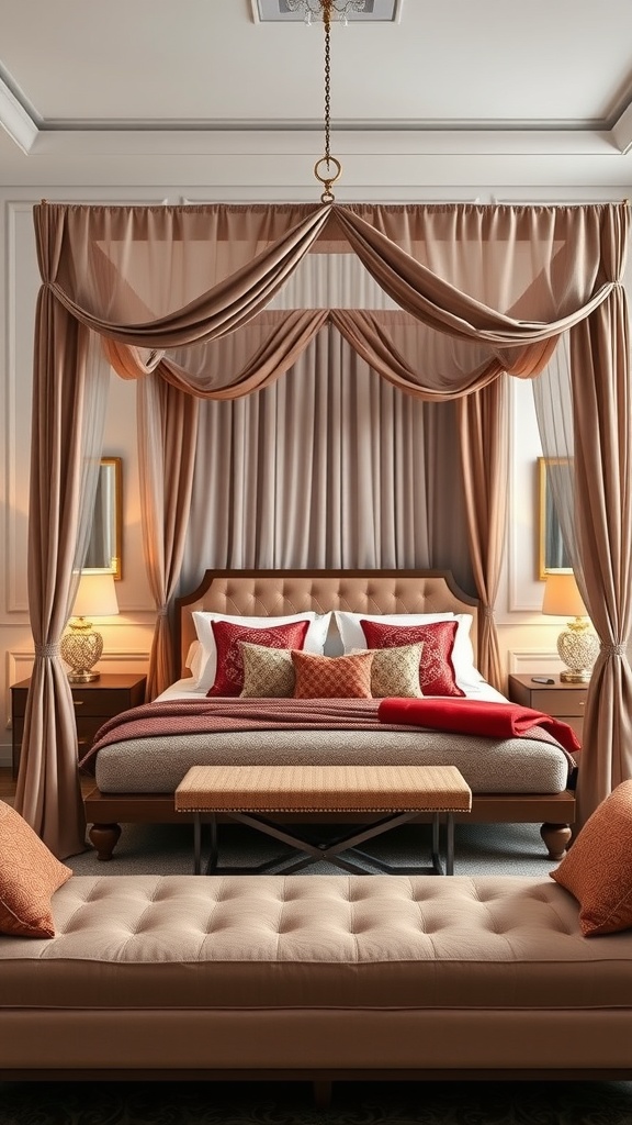 A luxurious bedroom featuring a canopy bed with soft drapes, warm colors, and elegant decor.