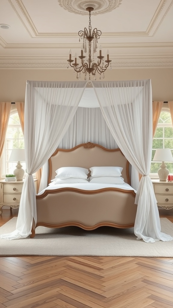A cozy French country bedroom featuring an elegant canopy bed with soft drapes and a chandelier.