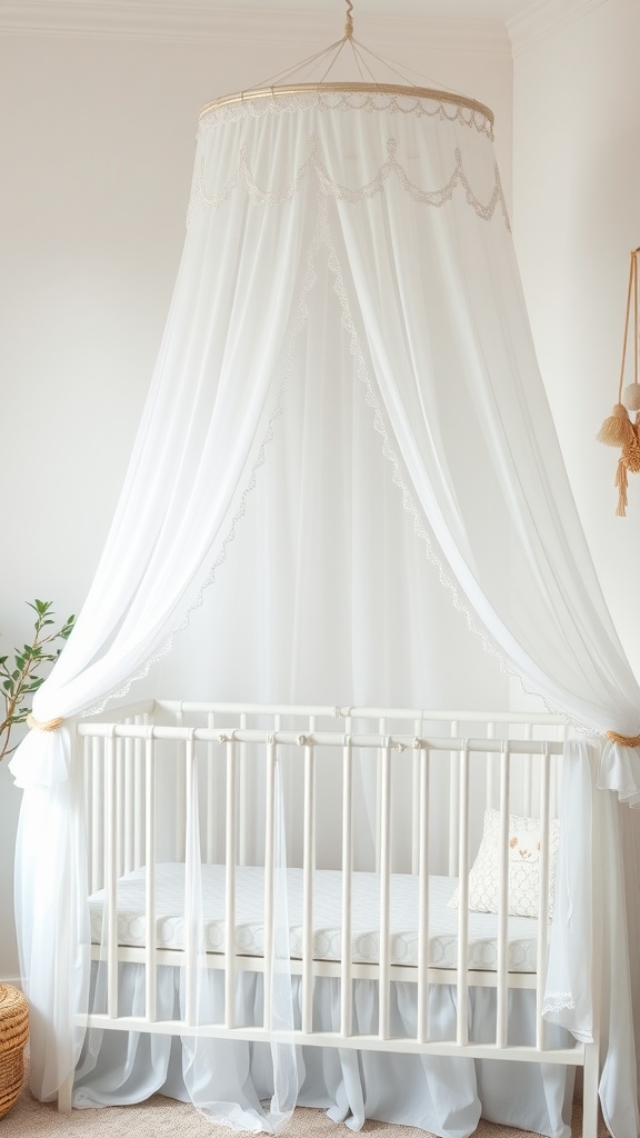 Elegant white canopy over a crib in a nursery