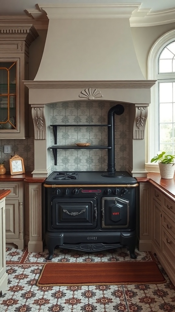 A black cast iron stove in a Victorian-style kitchen with intricate design and warm accents.