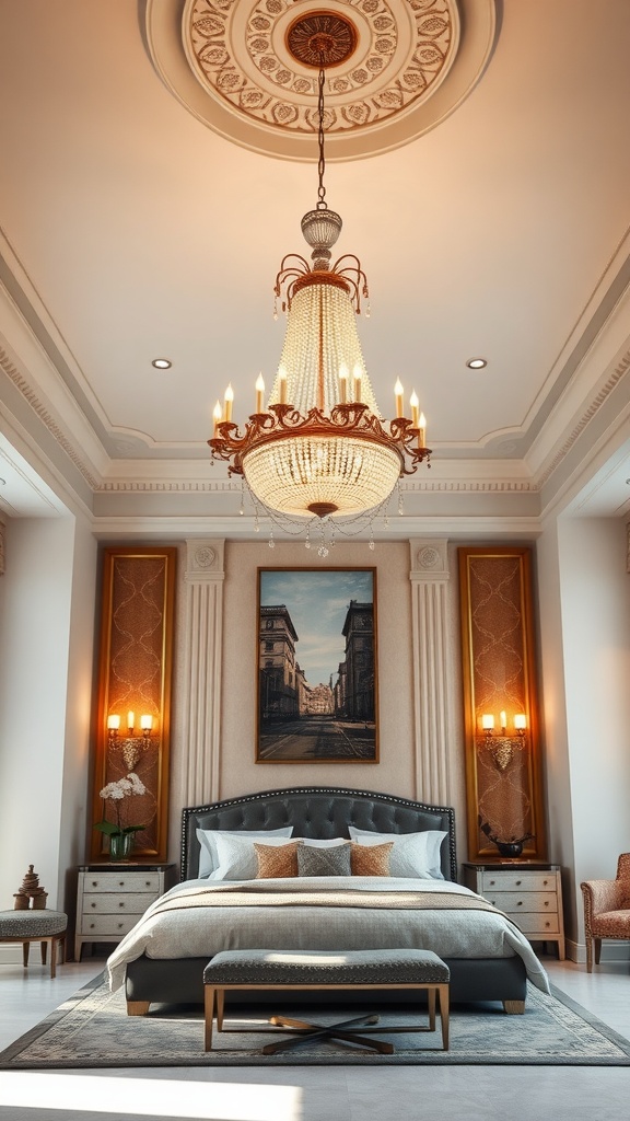 A luxurious bedroom featuring a beautiful chandelier, elegant decor, and a cozy atmosphere.