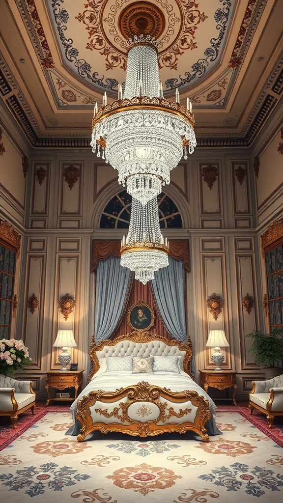 A luxurious mansion bedroom featuring an ornate chandelier, elegant furnishings, and rich decor.