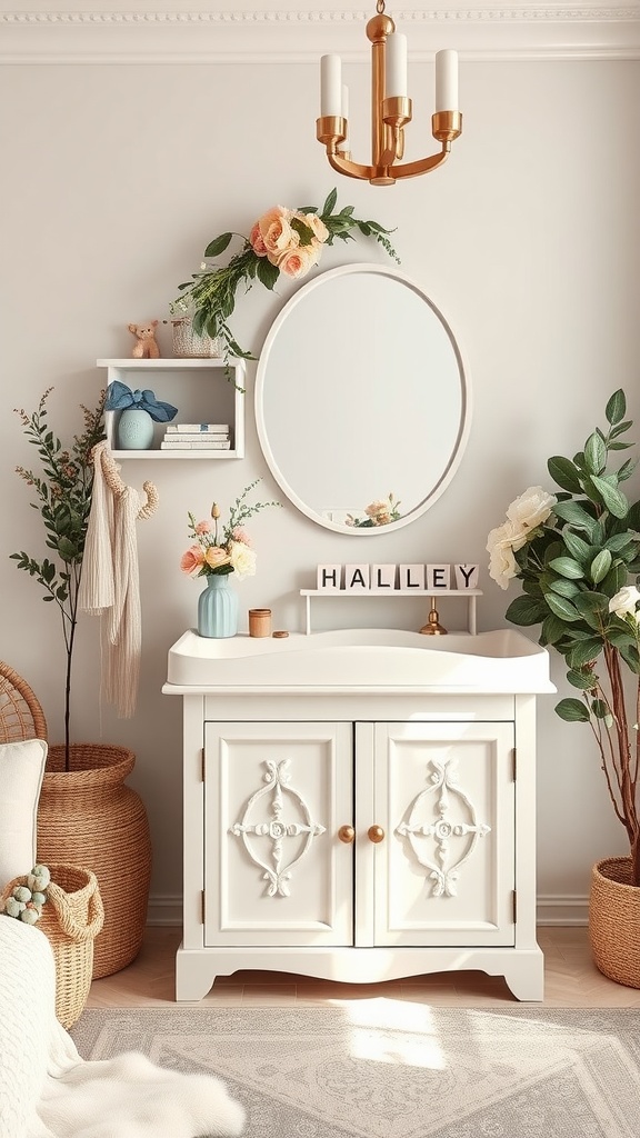 Elegant changing station in a nursery with a white cabinet, mirror, flowers, and decor.