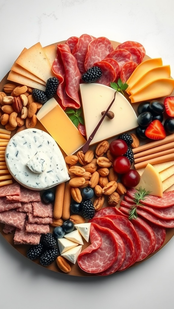 A beautifully arranged cheese and charcuterie board featuring a variety of cheeses, cured meats, nuts, and fresh fruits.