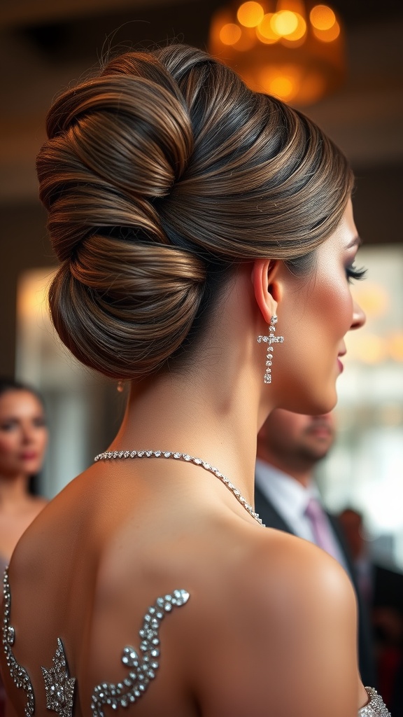 Elegant chignon hairstyle showcasing a smooth, twisted bun with earrings.