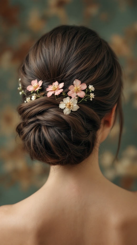 A chignon hairstyle adorned with delicate pink and white flower clips.