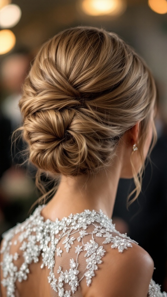 A close-up view of a woman’s elegant chignon hairstyle, featuring a smooth, twisted bun and soft tendrils, paired with a delicate lace dress.