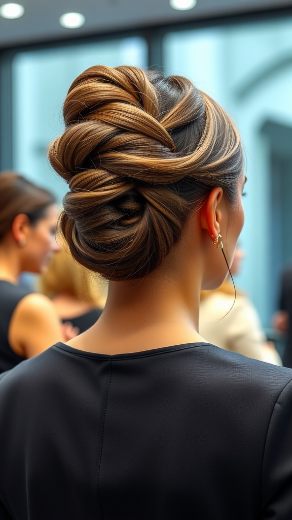 A woman with a chic chignon hairstyle, showcasing a sophisticated look suitable for business or formal occasions.