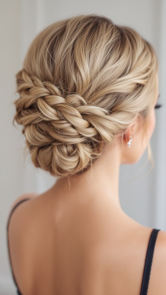 Elegant chignon hairstyle with braided detail.