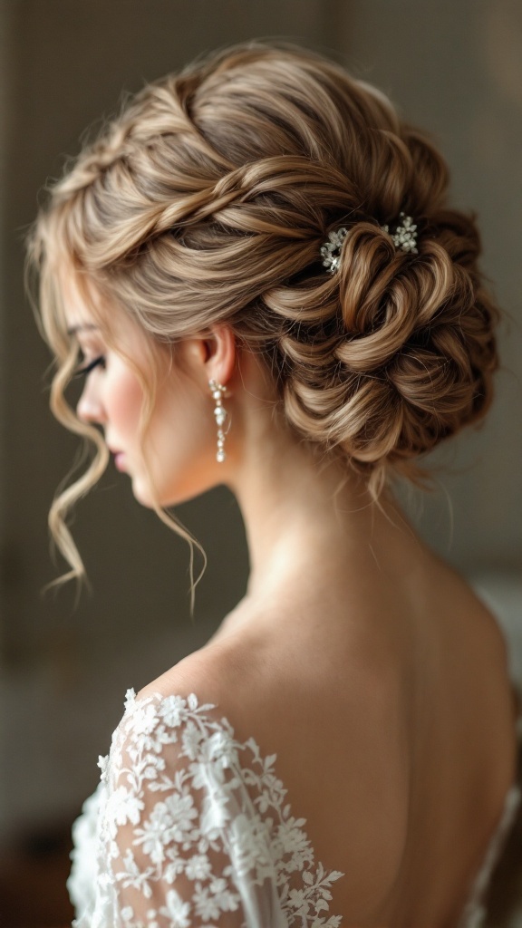 A bride's maid hairstyle featuring an elegant chignon with curly tendrils and delicate hair accessories.