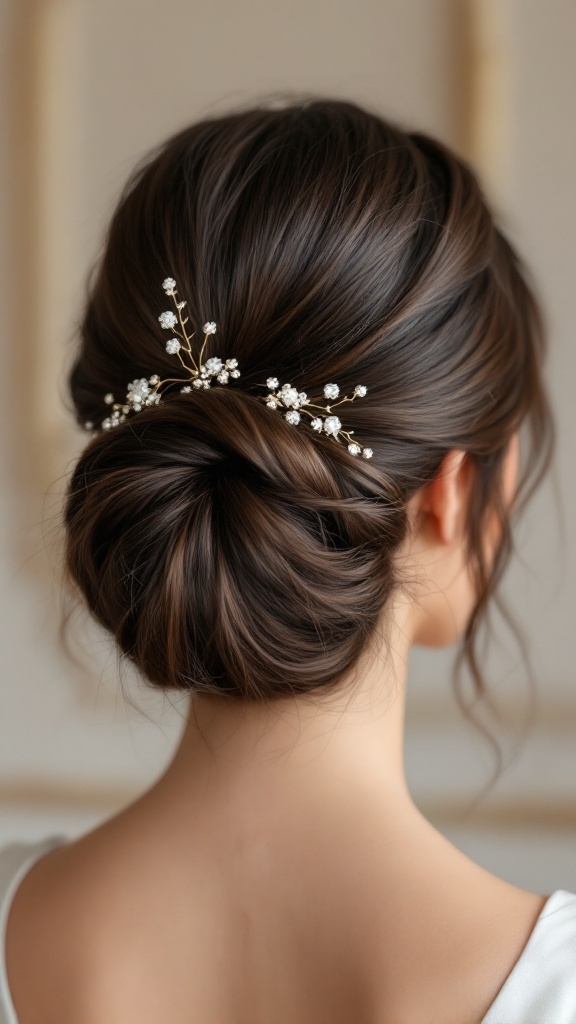 Elegant chignon hairstyle with decorative pins, showcasing a sophisticated look for medium length hair.