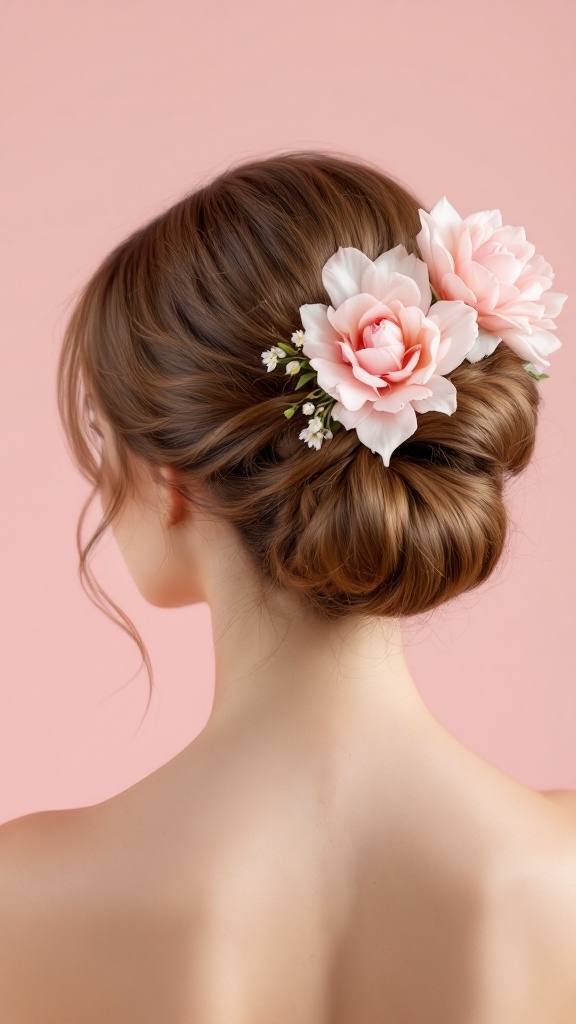 Elegant chignon hairstyle with pink floral accents