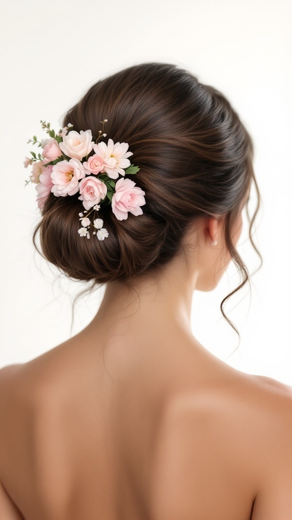 A woman with an elegant chignon hairstyle adorned with pink and white flowers.