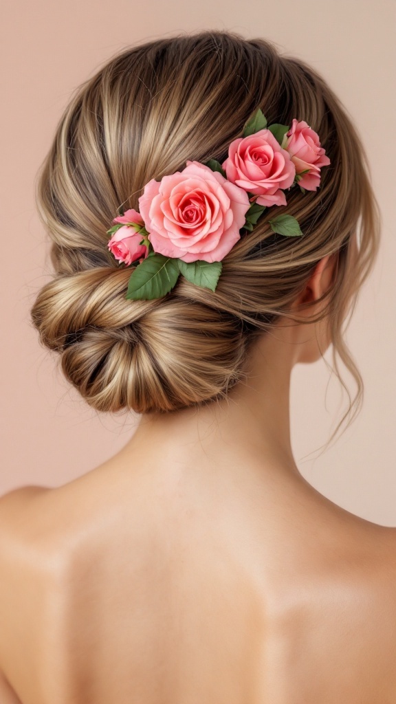 A close-up of a woman's elegant chignon hairstyle adorned with fresh pink roses and green leaves.