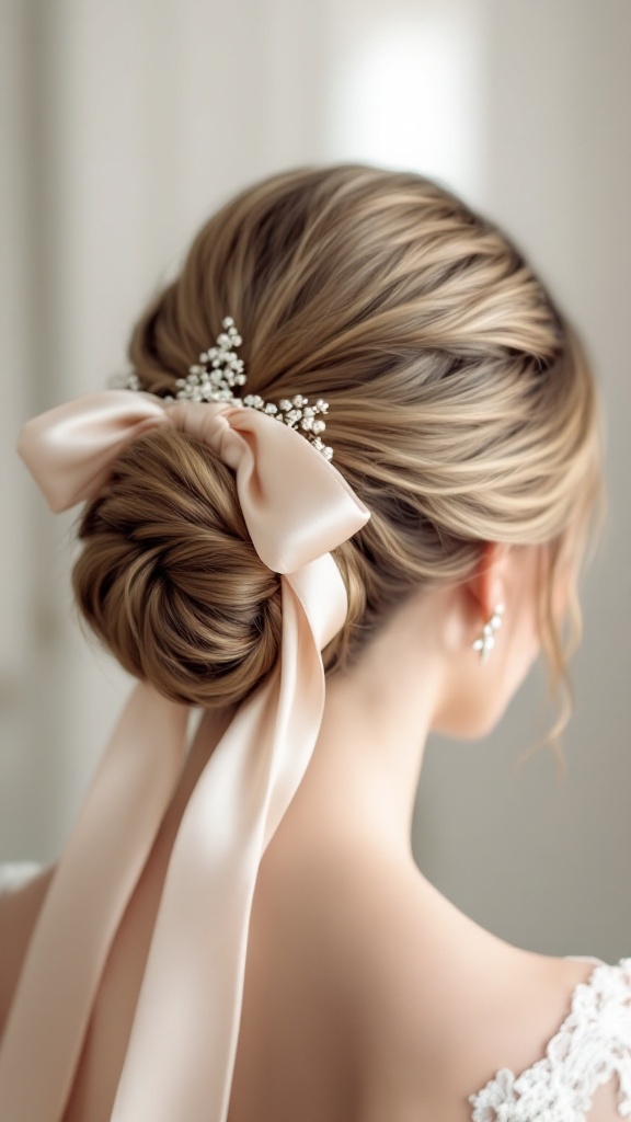 Elegant chignon hairstyle with silk ribbon and floral accents