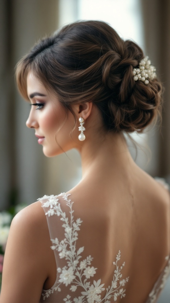 A bride or bridesmaid with an elegant chignon hairstyle and soft bangs, showcasing a beautiful back view.