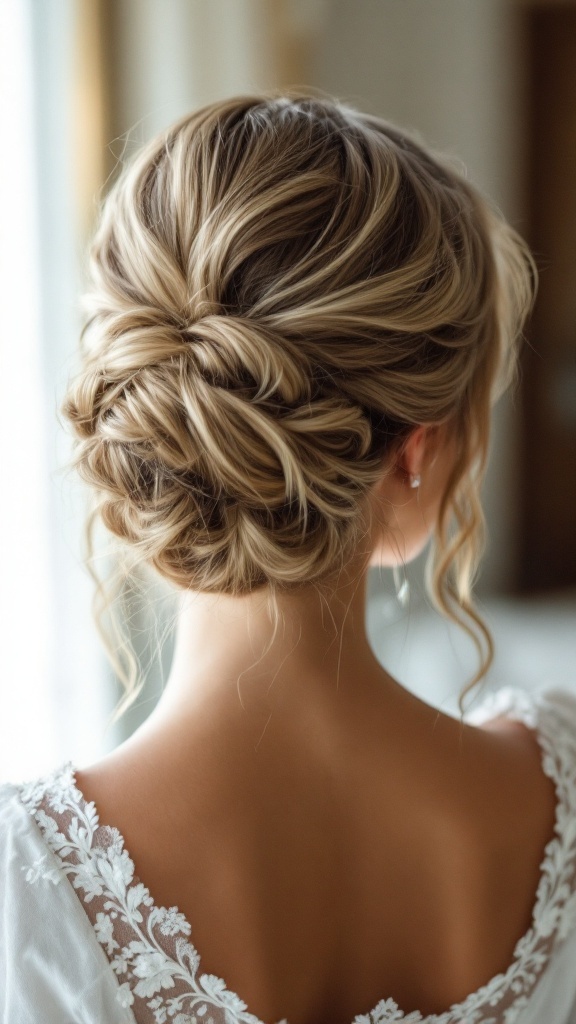 A close-up of a woman's elegant chignon hairstyle with soft waves, showcasing a beautiful back view