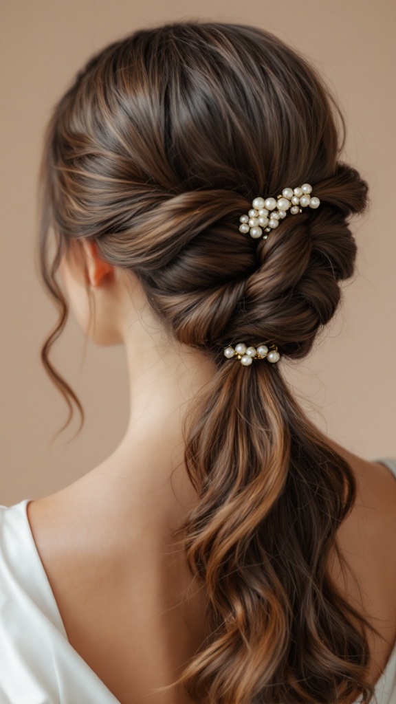 A close-up view of an elegant chignon hairstyle with twists, adorned with pearl hairpins.