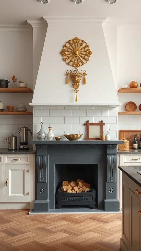 A stylish kitchen featuring an elegant chimney with a decorative mantel, complemented by light cabinets and wooden flooring.