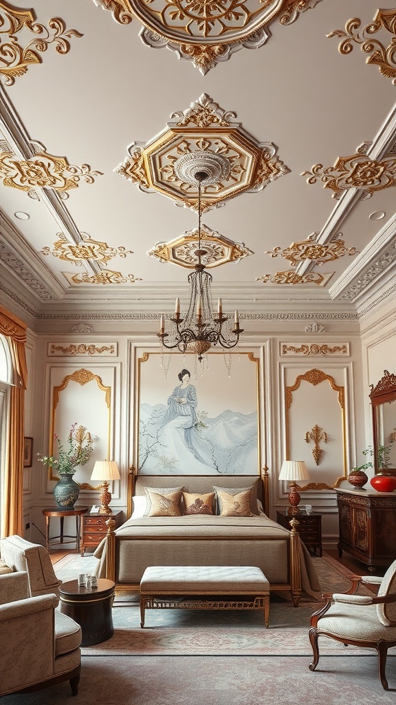 A beautifully designed bedroom with a painted ceiling featuring chinoiserie motifs, elegant furniture, and a serene atmosphere.