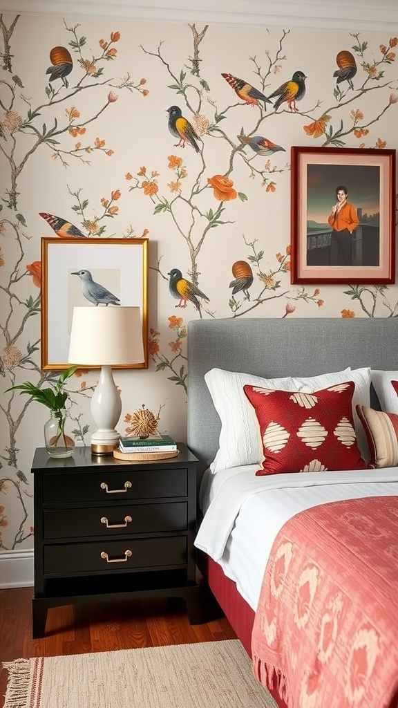 A preppy bedroom featuring Chinoiserie wallpaper with birds and flowers, a black nightstand, and elegant bedding.