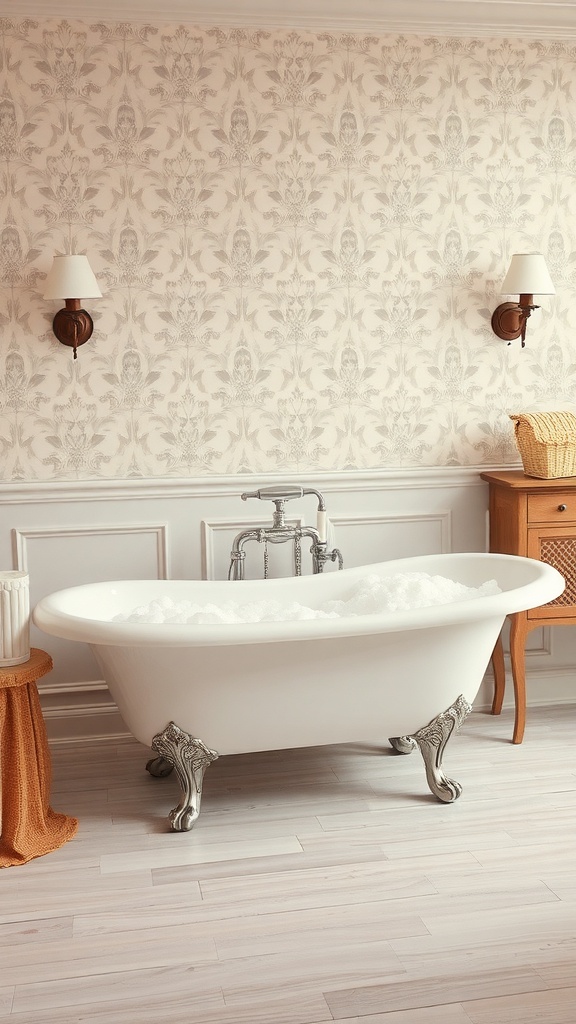 A classic clawfoot bathtub filled with bubbles, set against a patterned wall with warm lighting.