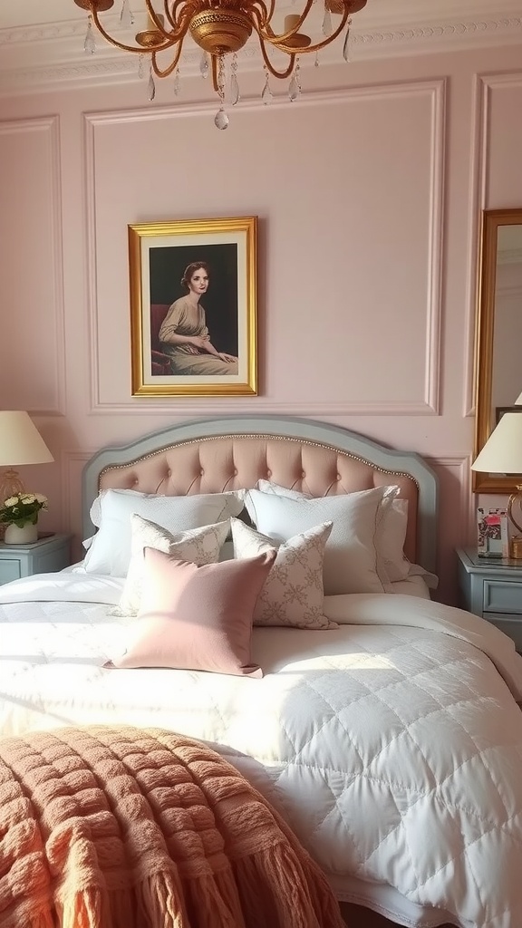 Chic bedroom with pink walls, elegant chandelier, and soft bedding