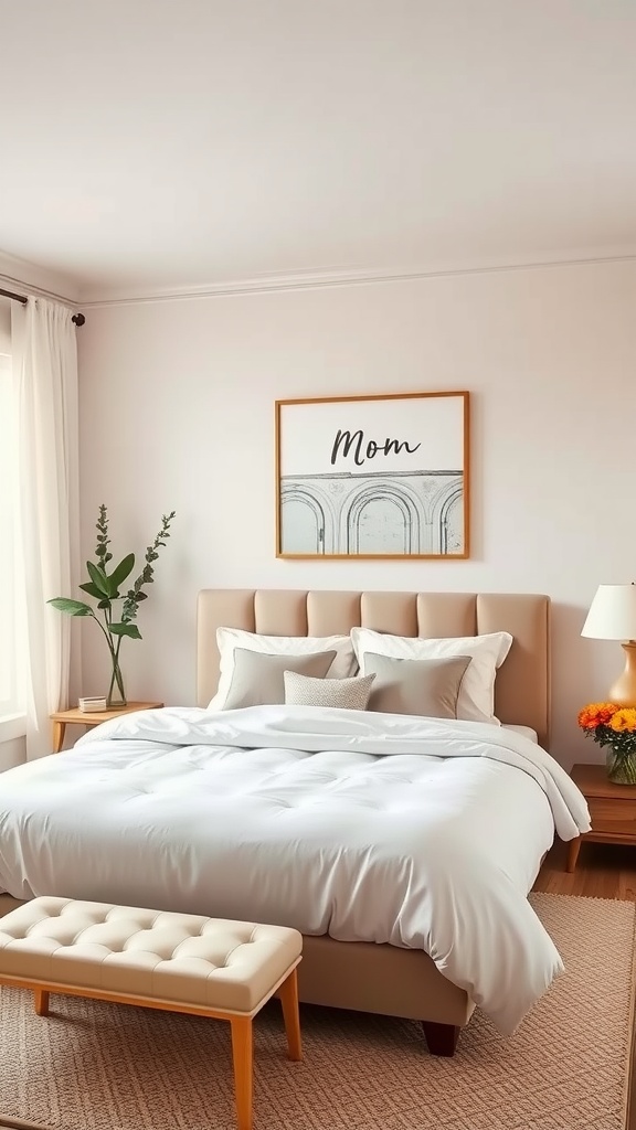 A chic and cozy bedroom featuring a beige headboard, soft bedding, and a plant, creating a warm atmosphere.