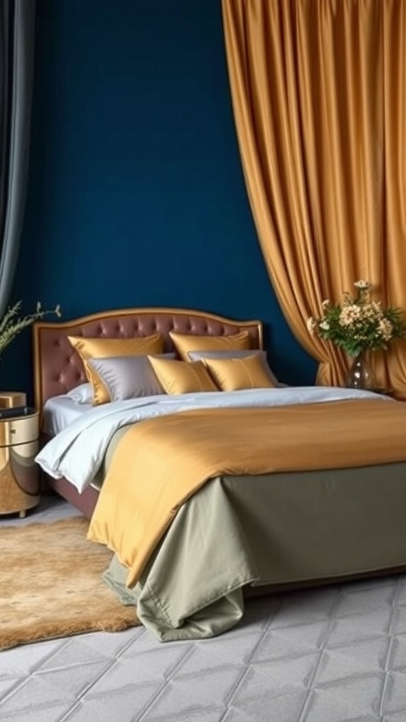 A luxe bedroom featuring deep blue walls, golden curtains, and a beautifully dressed bed in gold and muted green.