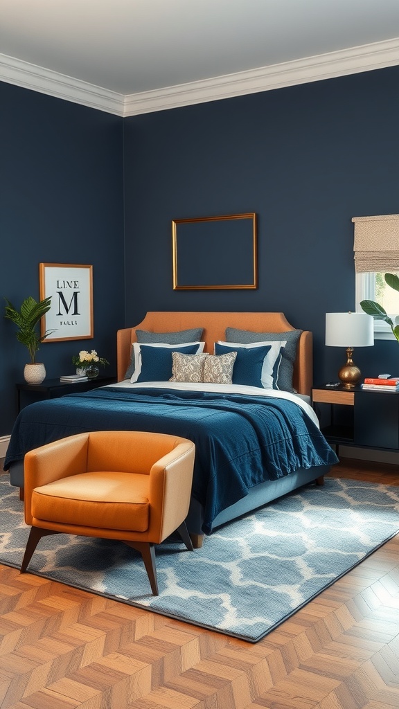 A luxurious bedroom featuring navy walls, orange chair, and elegant decor.