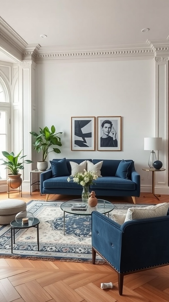 A stylish living room featuring a navy blue sofa, white accents, and a patterned rug.