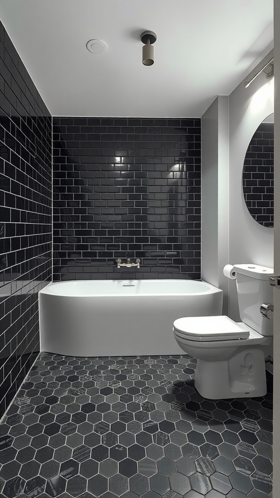 Bathroom featuring black hexagon tile floor and white fixtures