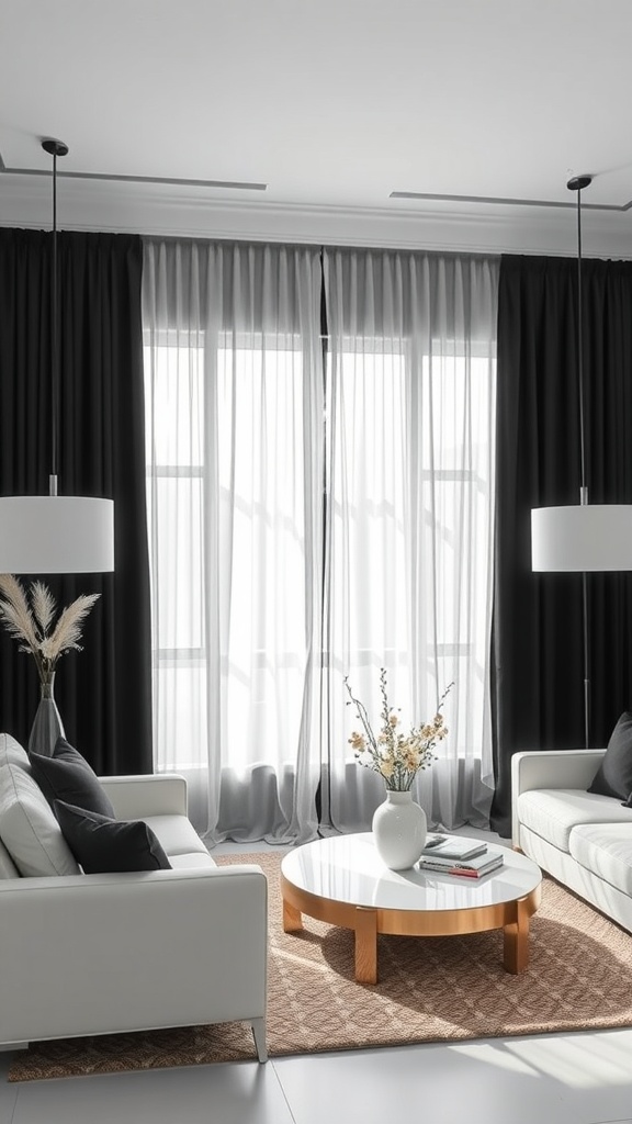 Living room with black curtains and white furnishings, featuring a round coffee table and decorative elements.