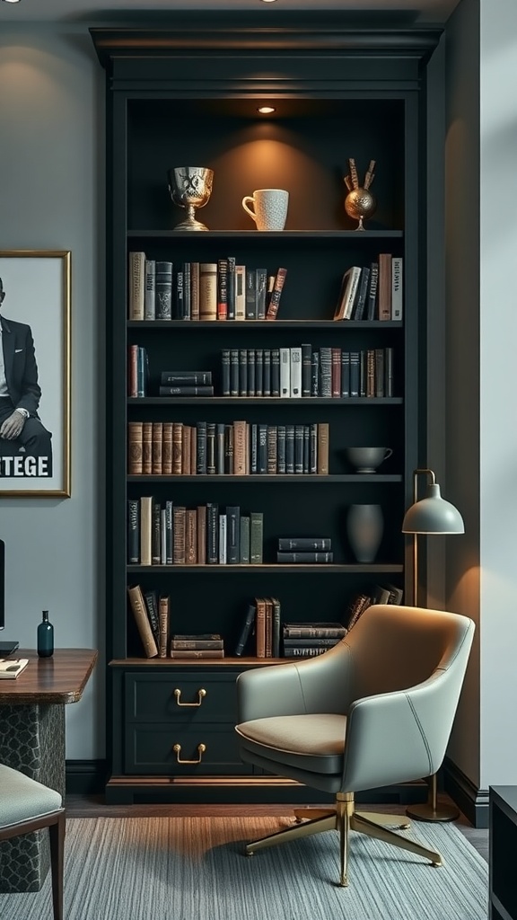 A stylish corner bookshelf in an office, featuring books, decorative items, and a comfortable chair.