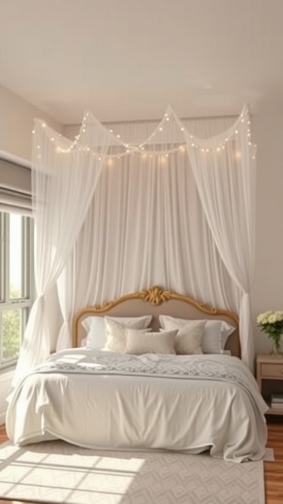 A corner canopy bed with white drapes and soft lighting, featuring a decorative headboard and arranging pillows.