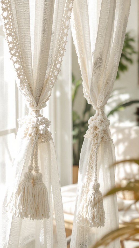 Two crochet curtain tiebacks holding back light curtains with tassels