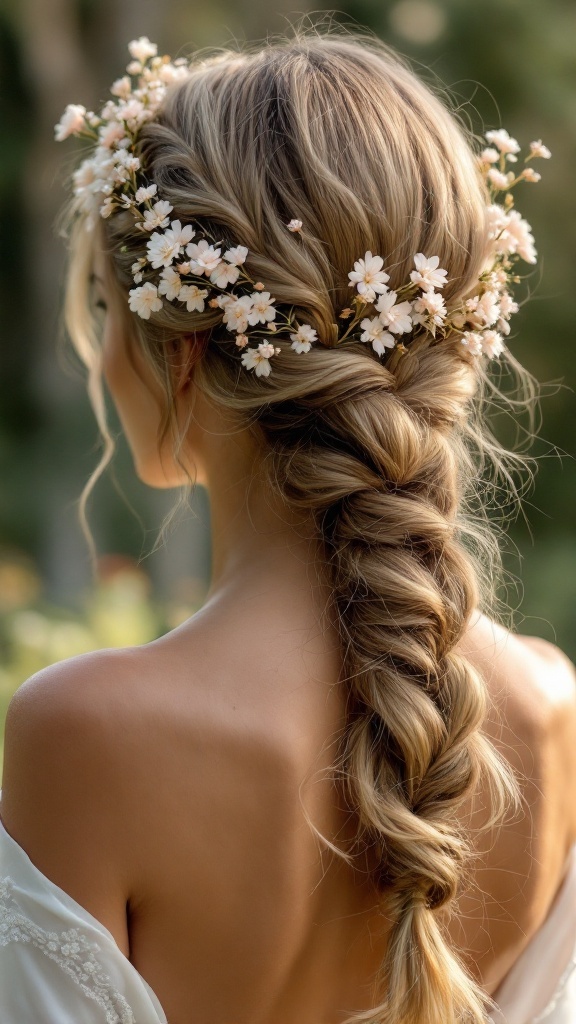 A beautiful crown braid hairstyle adorned with flowers, perfect for bridesmaids.