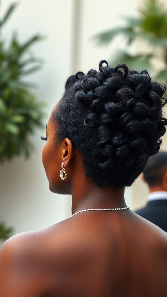 A woman with an elegant curly updo hairstyle, showcasing defined curls and accessorized with earrings.