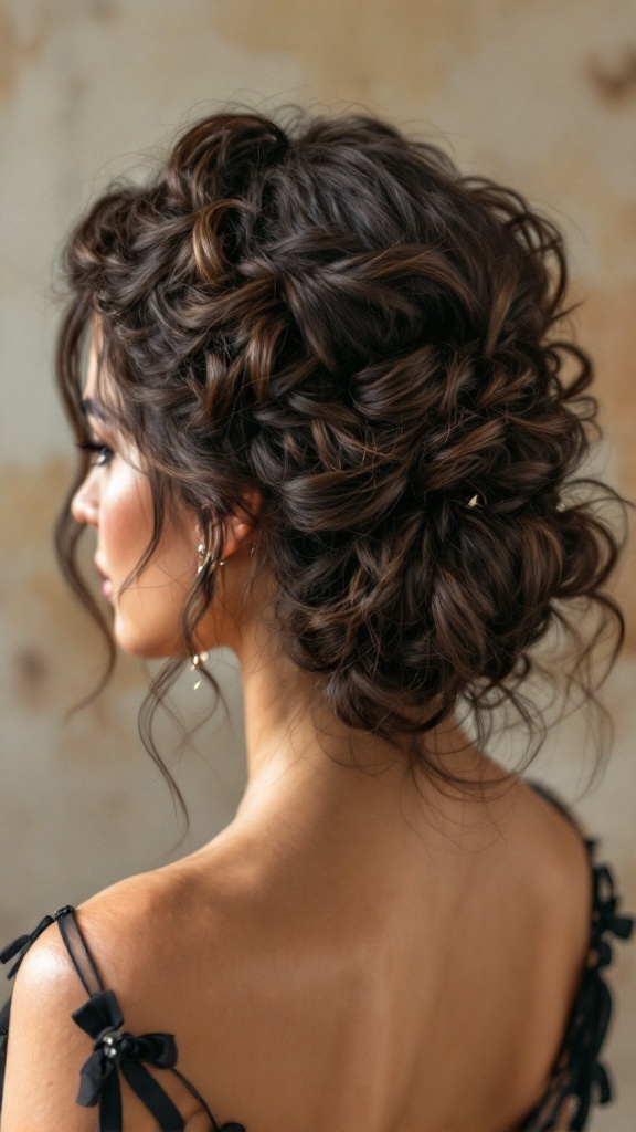 A woman with a curly updo hairstyle viewed from the back, featuring soft curls and earrings.
