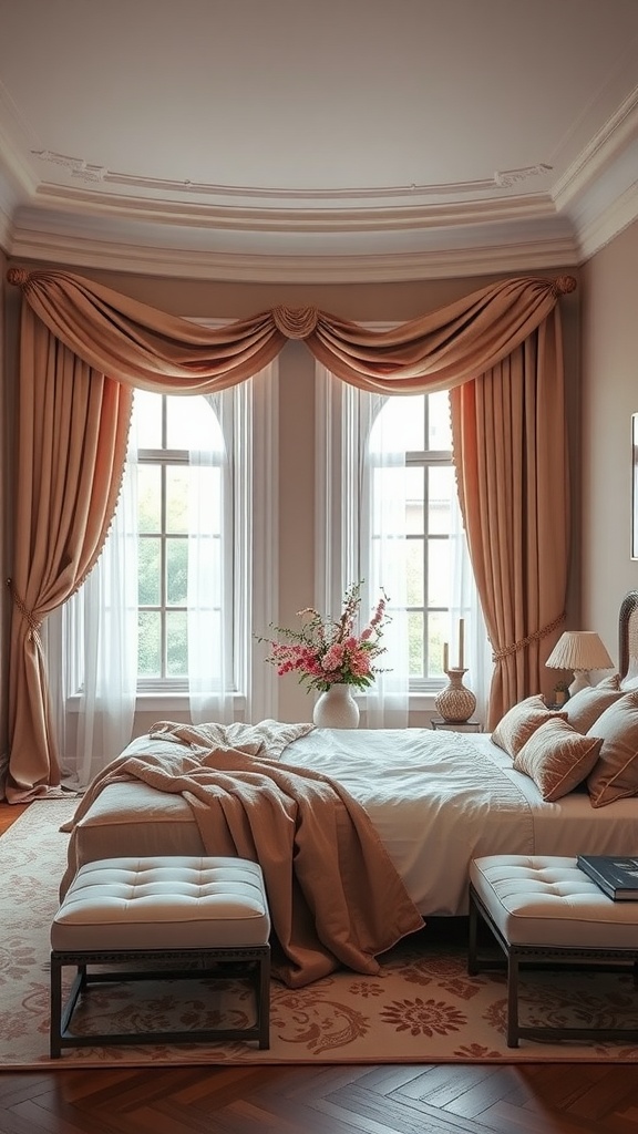 Elegant curtains in a beautifully decorated bedroom with soft colors and warm lighting.