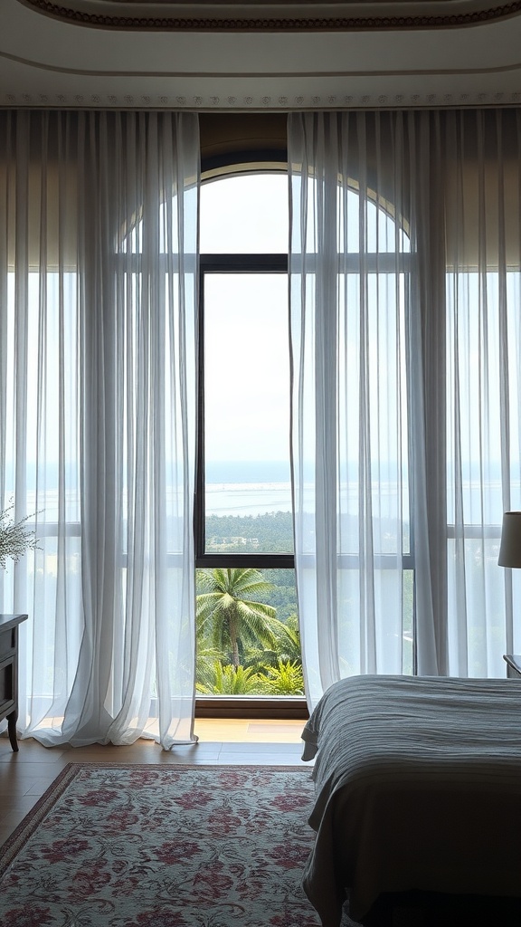 A bright bedroom with sheer white drapes framing a large window overlooking a lush green landscape.