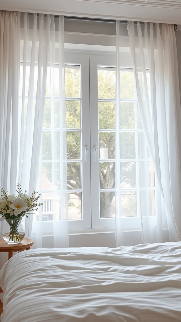 Light sheer curtains in a bedroom window with a bouquet of flowers on a bedside table.